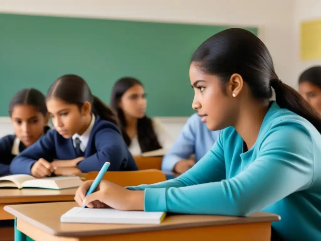 Estudiantes diversificados en aula uruguaya, debatiendo con determinación