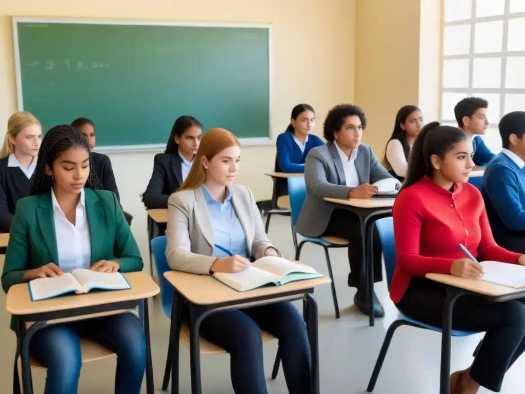 Estudiantes diversificados inmersos en el aprendizaje colaborativo en una aula moderna, representando la Reforma educativa en Uruguay 2021