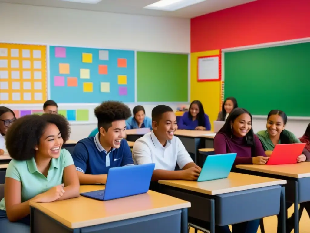 Estudiantes diversificados colaboran en un proyecto de idiomas en un aula moderna y equipada