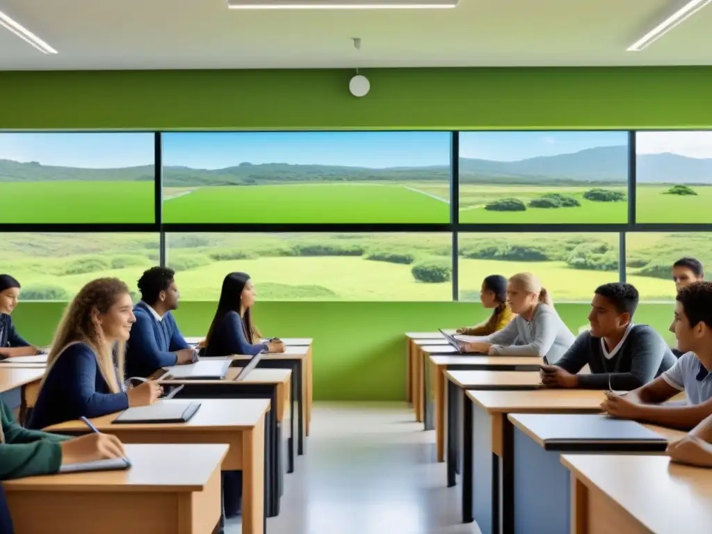 Estudiantes diversificados disfrutan de tecnologías educativas para comunidades remotas en un aula avanzada en Uruguay, con paisajes verdes de fondo