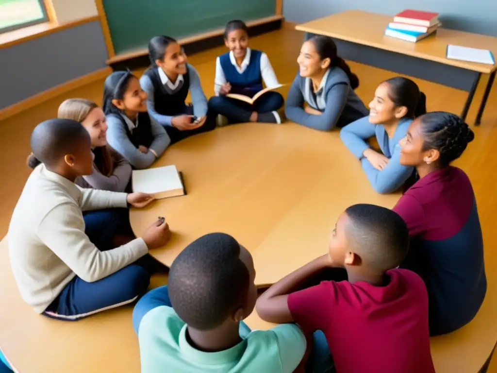 Estudiantes diversos en aprendizaje colaborativo en aula rural, discutiendo proyectos juntos