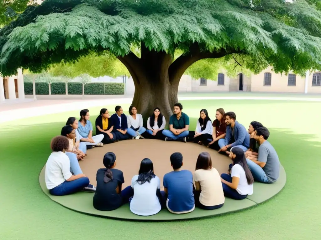 Estudiantes diversos se reúnen bajo un árbol en campus universitario, simbolizando la equidad y el impacto de políticas educativas en Uruguay