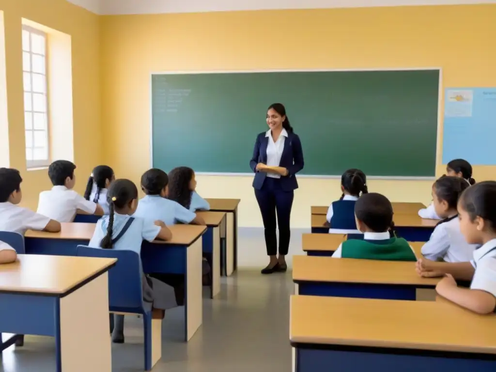 Estudiantes diversos en aula uruguaya, unidos en actividad de idiomas, simbolizando inclusión y unidad en educación