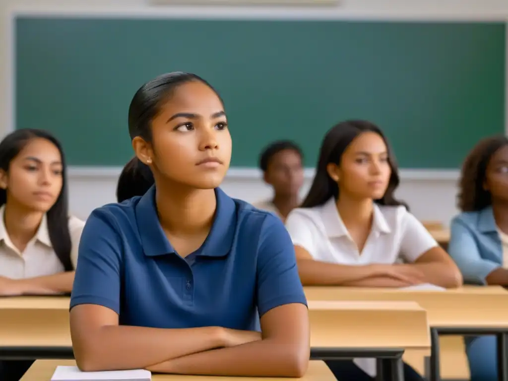 Estudiantes diversos en aula, concentrados en valores educación derechos humanos