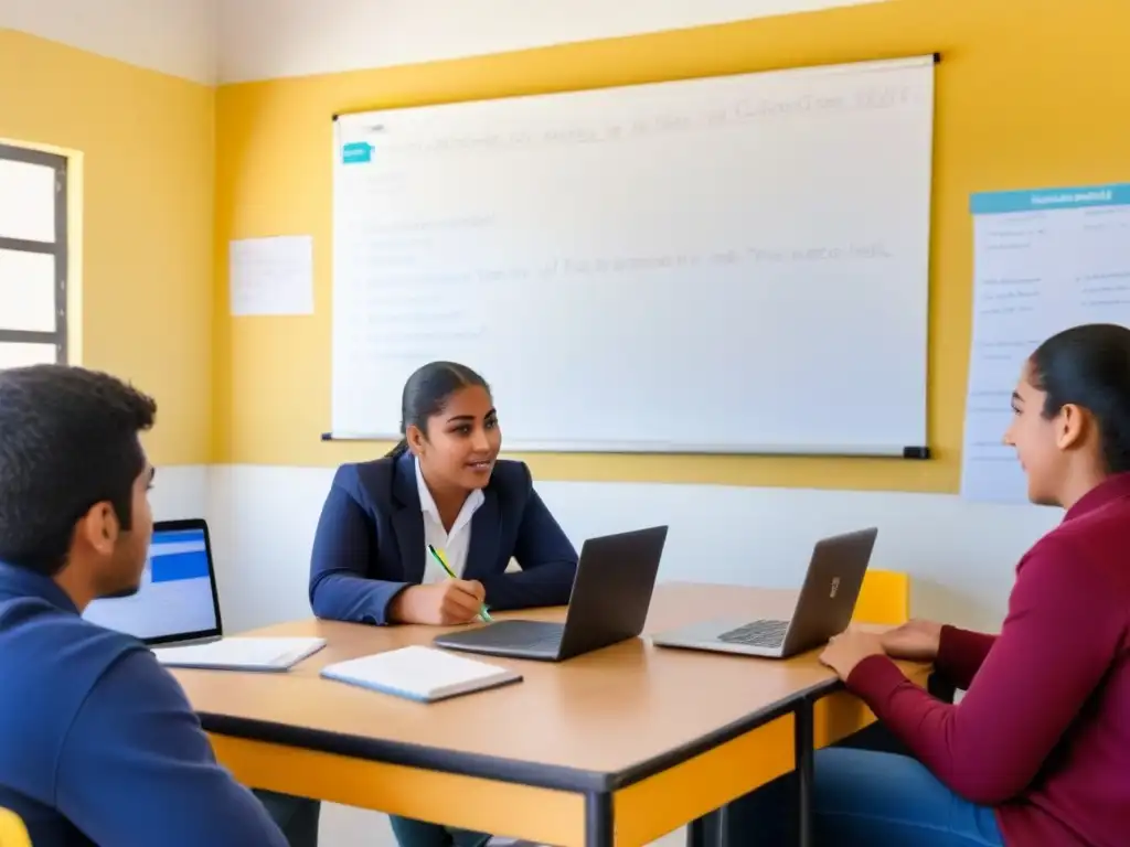 Estudiantes diversos en un aula en Uruguay, compartiendo ideas con resiliencia y entusiasmo