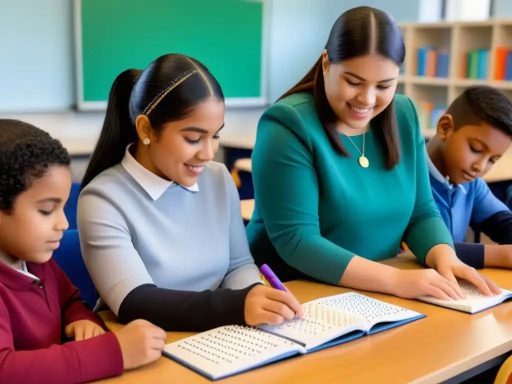 Estudiantes diversos en aula inclusiva con materiales educativos accesibles en Uruguay