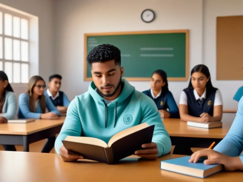 Estudiantes diversos en un aula de Uruguay usando libros de realidad aumentada, con elementos digitales flotando