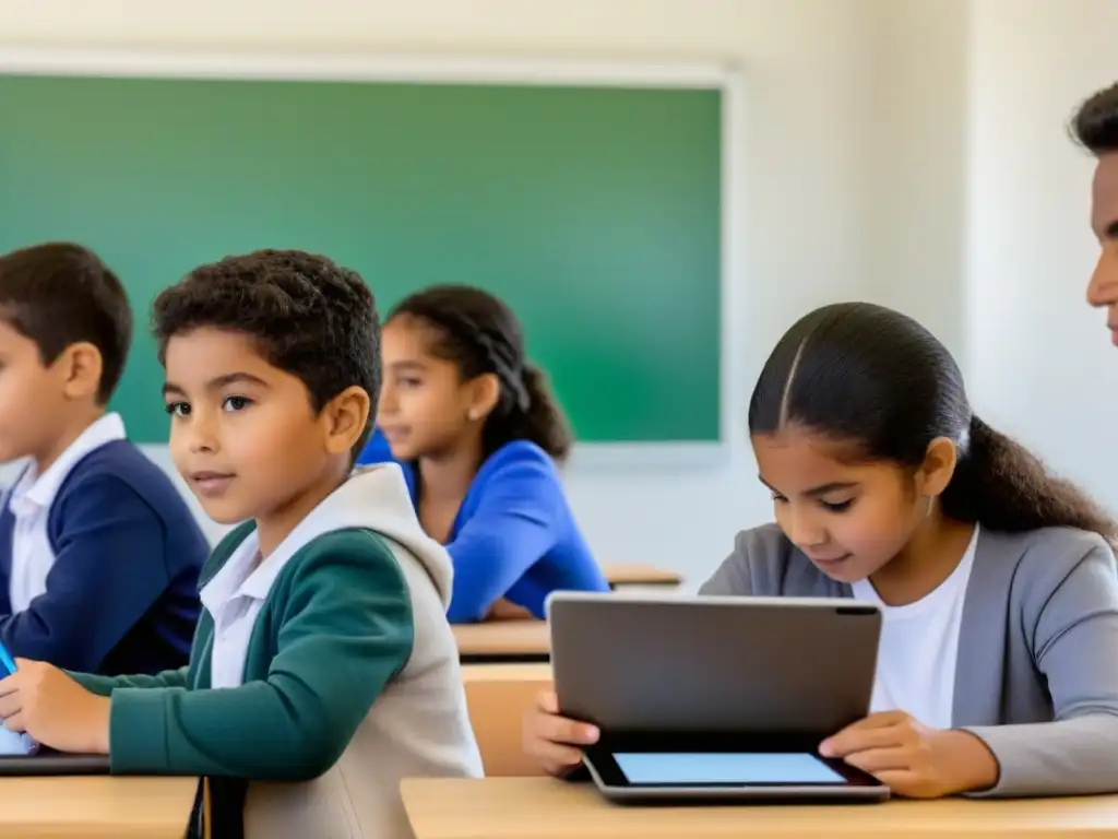 Estudiantes diversos en aula bilingüe Uruguay, preparándose para mercado global con tecnología educativa