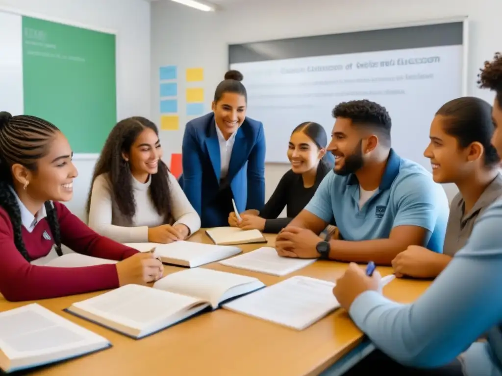 Estudiantes diversos en aula moderna de Uruguay promoviendo inteligencia emocional en educación