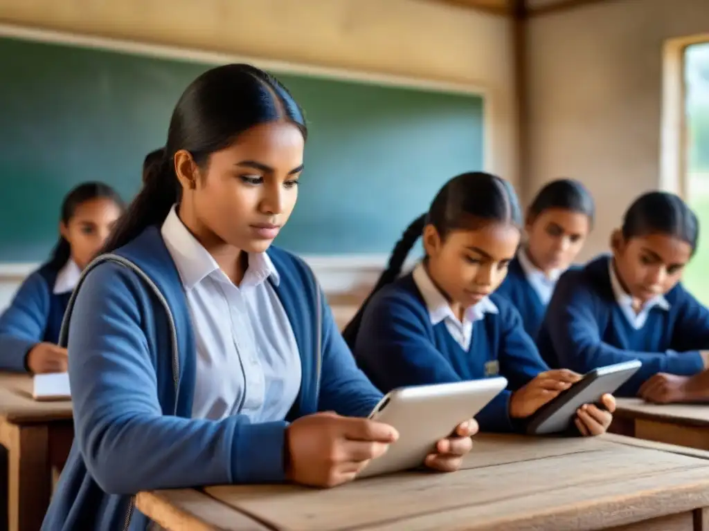 Estudiantes diversos en aula rural de Uruguay interactúan con tecnología móvil, destacando mlearning en educación rural Uruguay