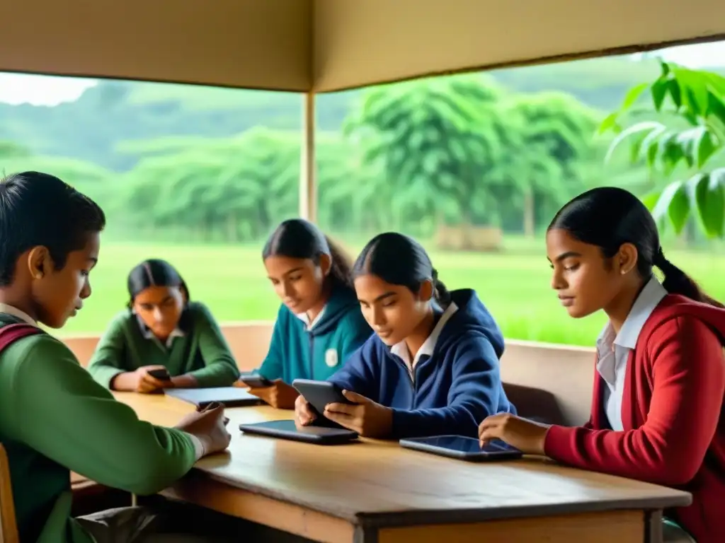 Estudiantes diversos en aula rural, usando tecnología móvil, integrando inclusión educativa tecnología móvil Uruguay