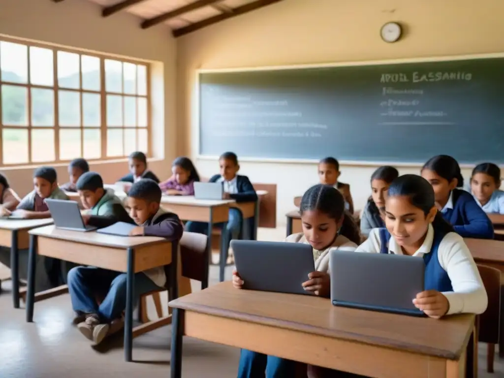 Estudiantes diversos en aula rural de Uruguay, interactuando con tecnología elearning en áreas rurales