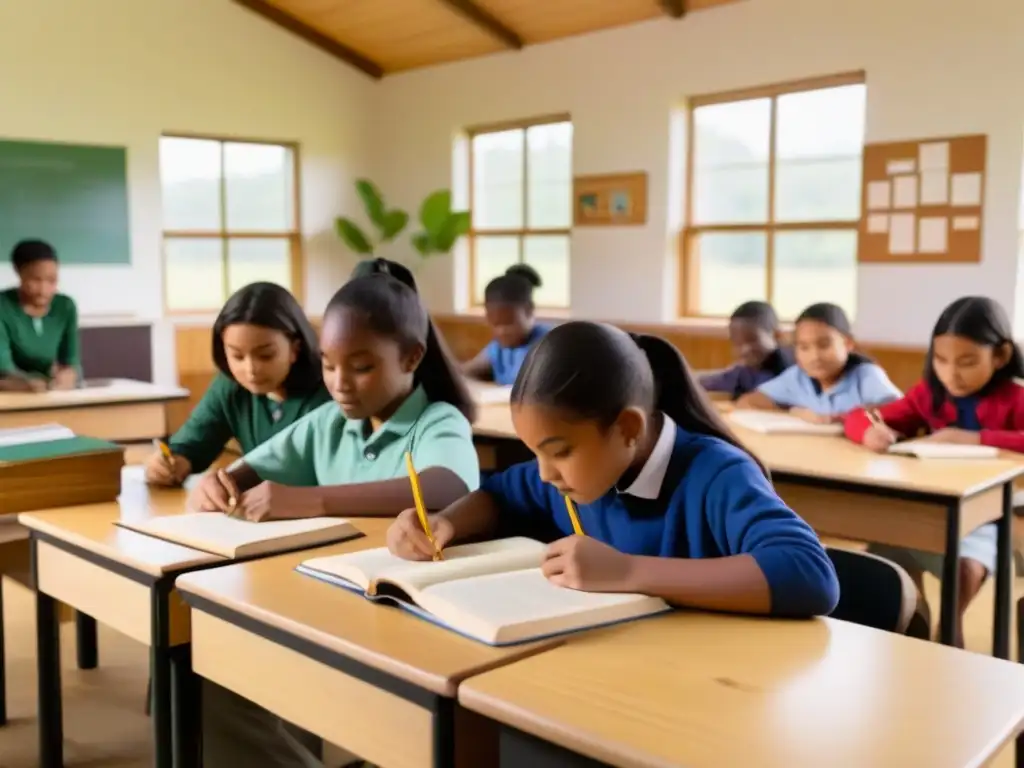 Estudiantes diversos en aula rural de Uruguay, con recursos didácticos y luz natural