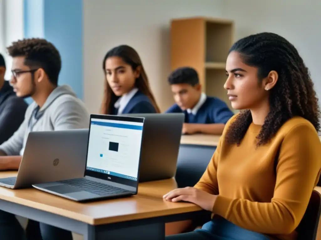 Estudiantes diversos en aula de Uruguay usan software educativo adaptativo en laptops modernos