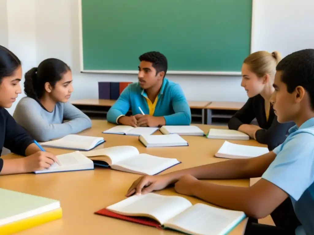 Estudiantes diversos en aula uruguaya, debatiendo sobre la Reforma Vareliana educación pública Uruguay