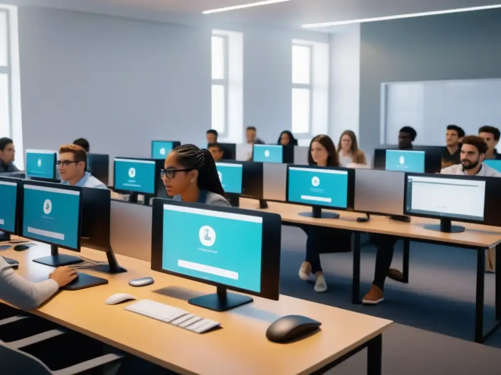 Estudiantes diversos en aula virtual moderna en Uruguay, simbolizando el elearning para aprendizaje autónomo