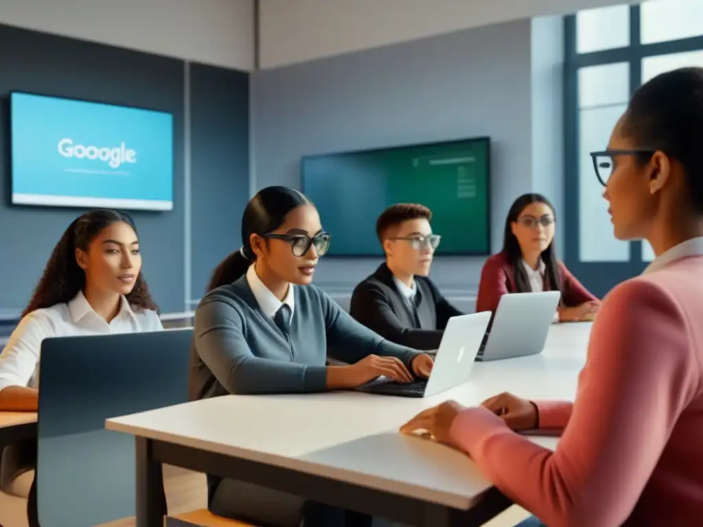 Estudiantes diversos en aula virtual de Google Classroom en educación Uruguay