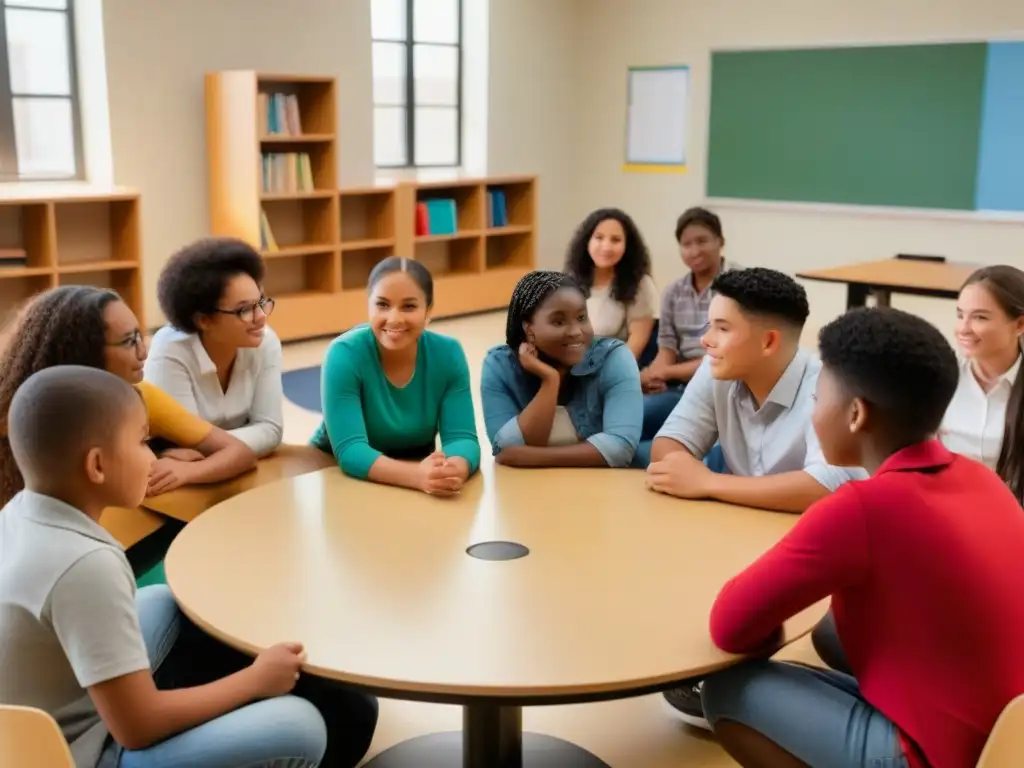 Estudiantes diversos en círculo, unidos y colaborando en aula uruguaya