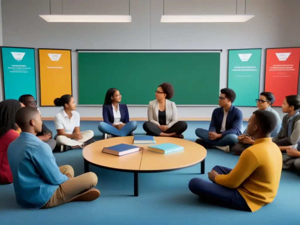 Estudiantes diversos en círculo discutiendo con libros y laptops en aula moderna