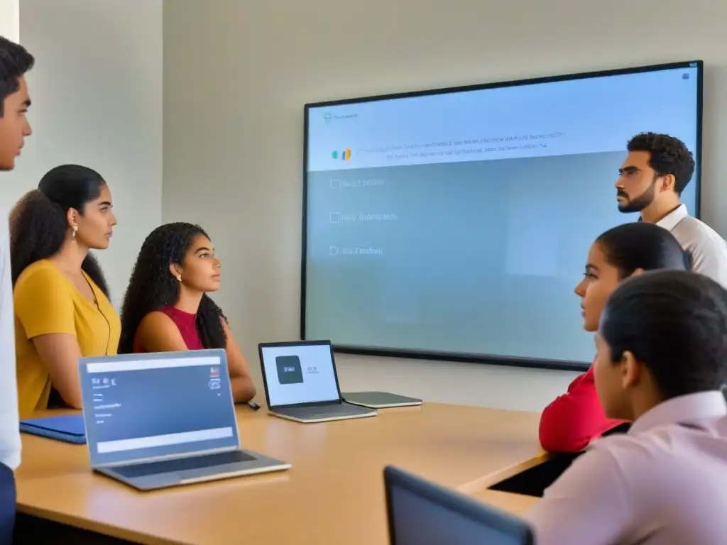 Estudiantes diversos en Uruguay atienden a clase sobre educación financiera en un aula moderna