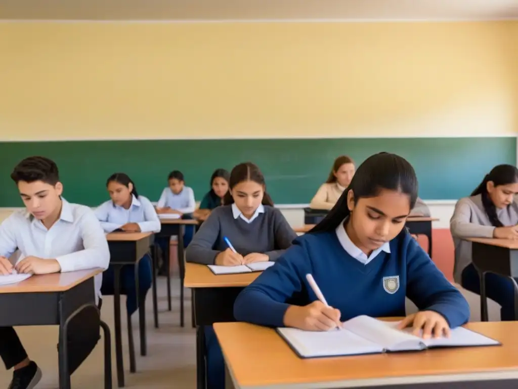 Estudiantes diversos en Uruguay concentrados en evaluaciones estándar en un aula minimalista