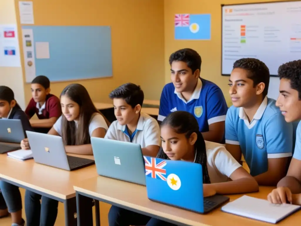 Estudiantes diversos de Uruguay concentrados en programación educativa con Scratch en aula moderna