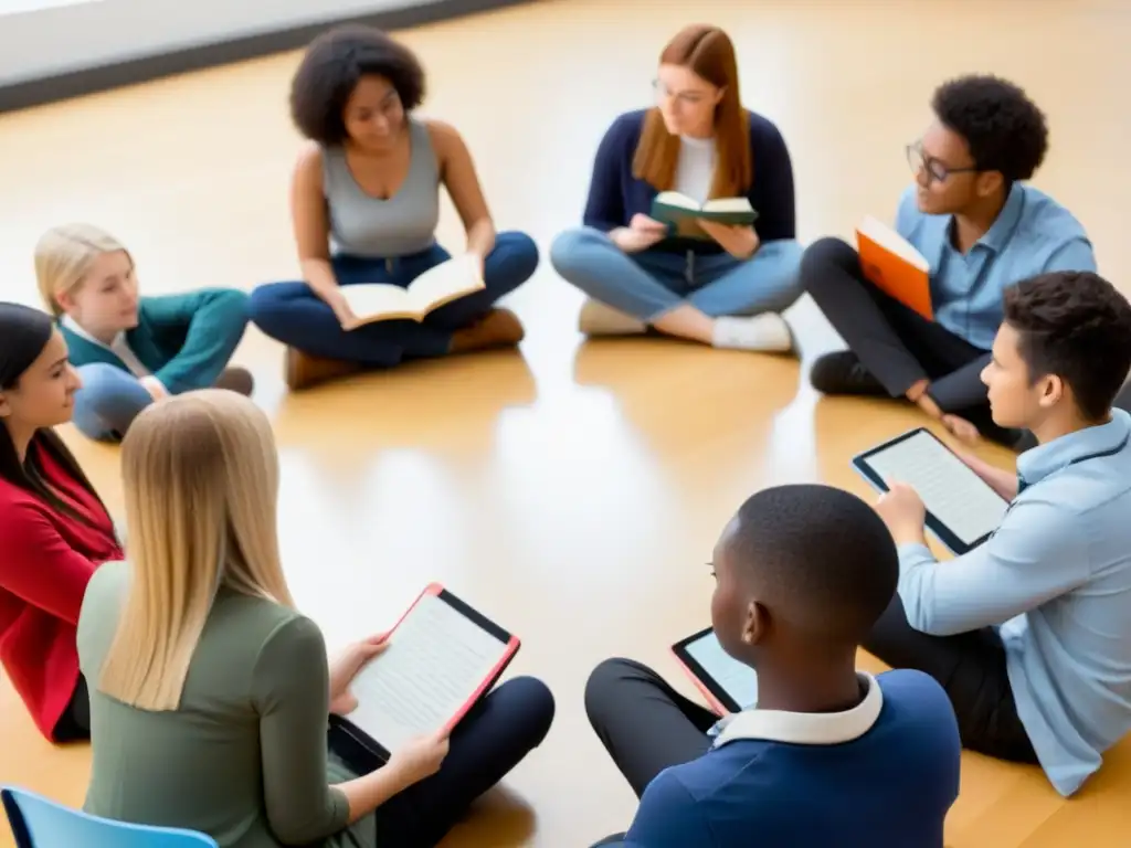 Estudiantes diversos en intercambio de idiomas en aula luminosa, reflejando concentración y colaboración