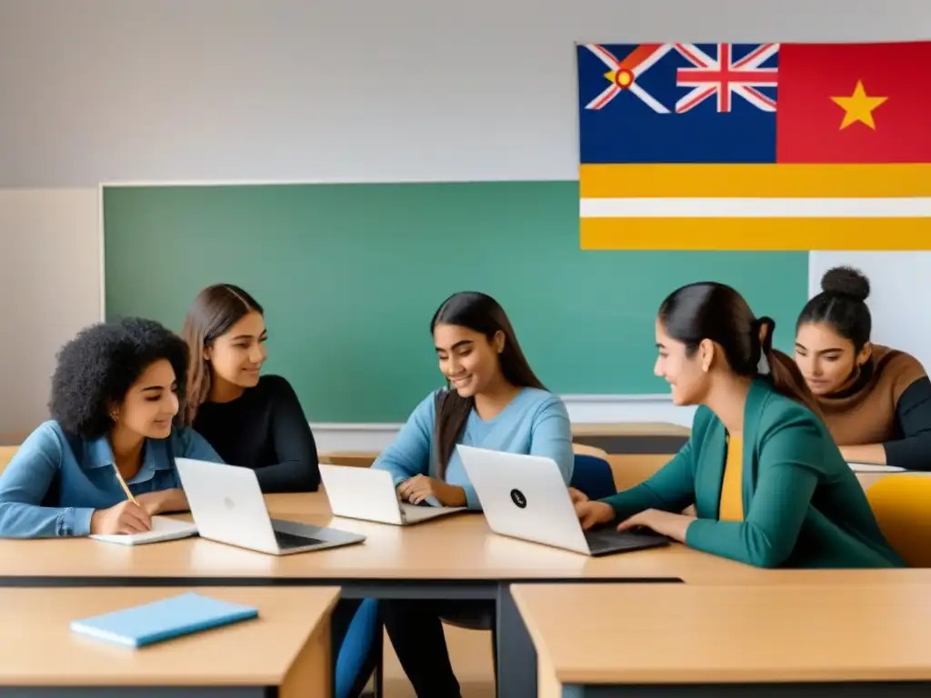 Estudiantes diversos de Uruguay colaboran juntos en un aula moderna, simbolizando equidad en educación superior Uruguay