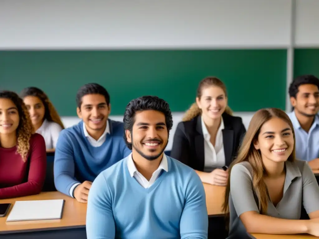 Estudiantes diversos de Uruguay y el mundo colaboran en aula moderna, ilustrando la transformación educativa por la cooperación internacional