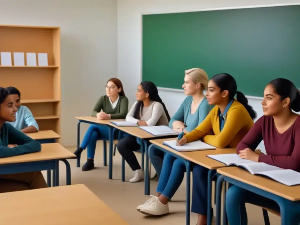 Estudiantes diversos de distintas razas y géneros colaborando en un aula, reflejando interseccionalidad en educación Uruguay