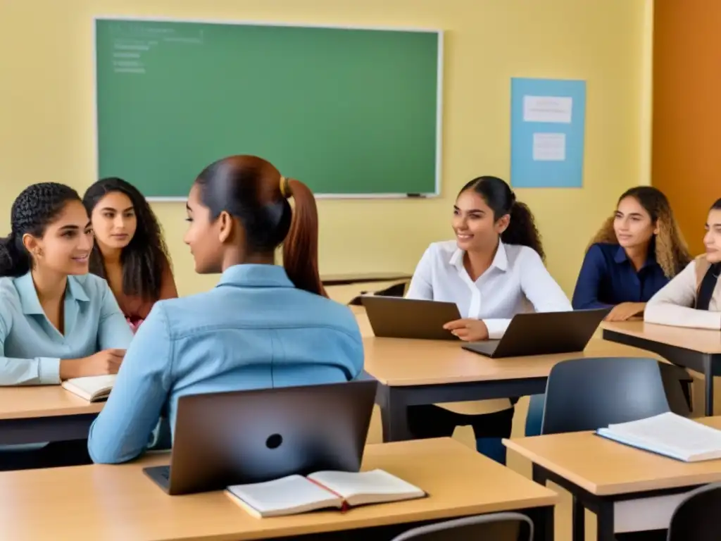 Estudiantes diversos en Uruguay debaten sobre orientación vocacional, rodeados de libros y laptops