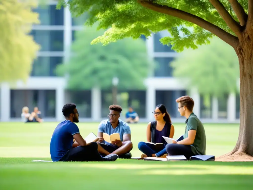 Grupo diverso de estudiantes en círculo de debate bajo un árbol Estudiantes divers@s debaten bajo un árbol en la universidad, reflejando la colaboración académica