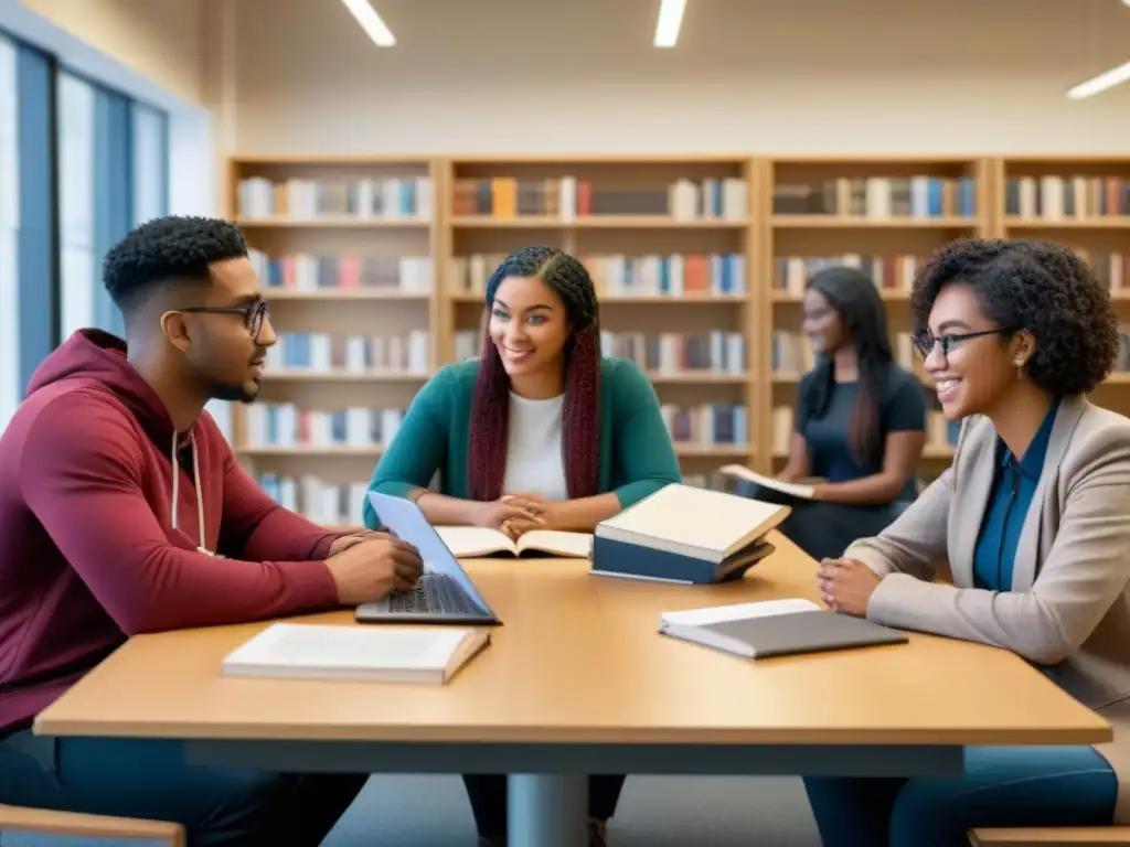 Estudiantes diversxs colaboran en biblioteca, discutiendo proyectos