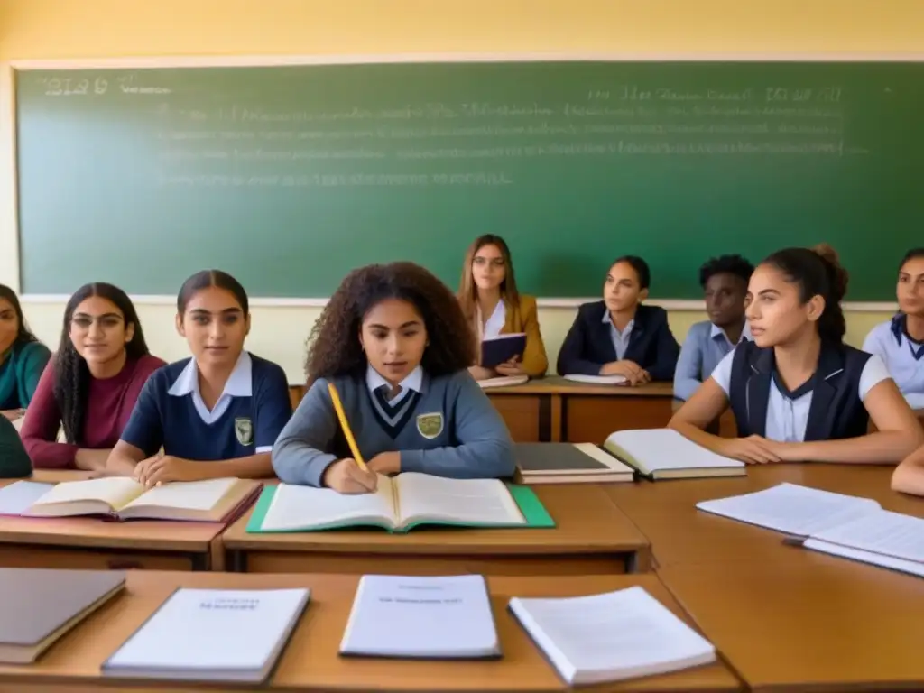 Estudiantes diversxs en Uruguay participan en educación sexual con respeto y diversidad en aula iluminada