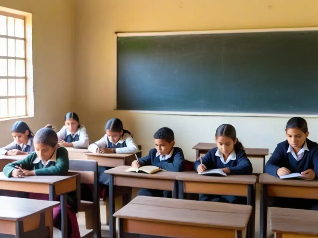 Estudiantes de diferentes edades en un aula rural de Uruguay, utilizando dispositivos móviles para mLearning en educación rural