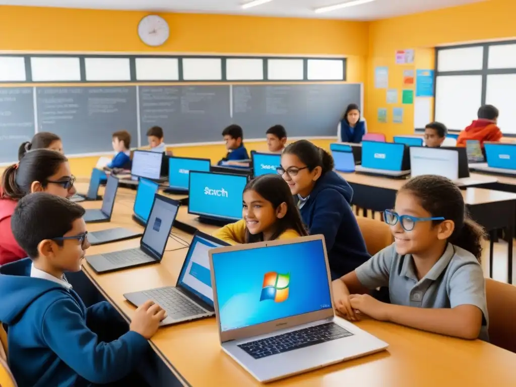 Estudiantes de diferentes edades programando con entusiasmo en Scratch en un aula moderna y luminosa en Uruguay