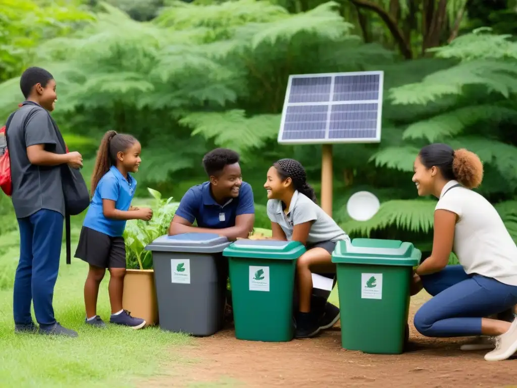 Estudiantes de diversas edades y etnias realizando actividades educativas sostenibles al aire libre, rodeados de naturaleza