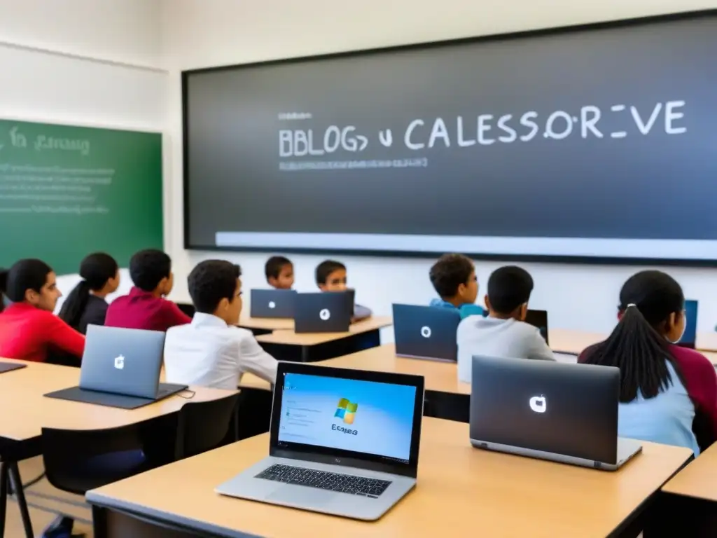 Clase moderna en Uruguay: colaboración y tecnología educativa Estudiantes de diversas edades y etnias colaboran en blogs educativos en un aula moderna de Uruguay