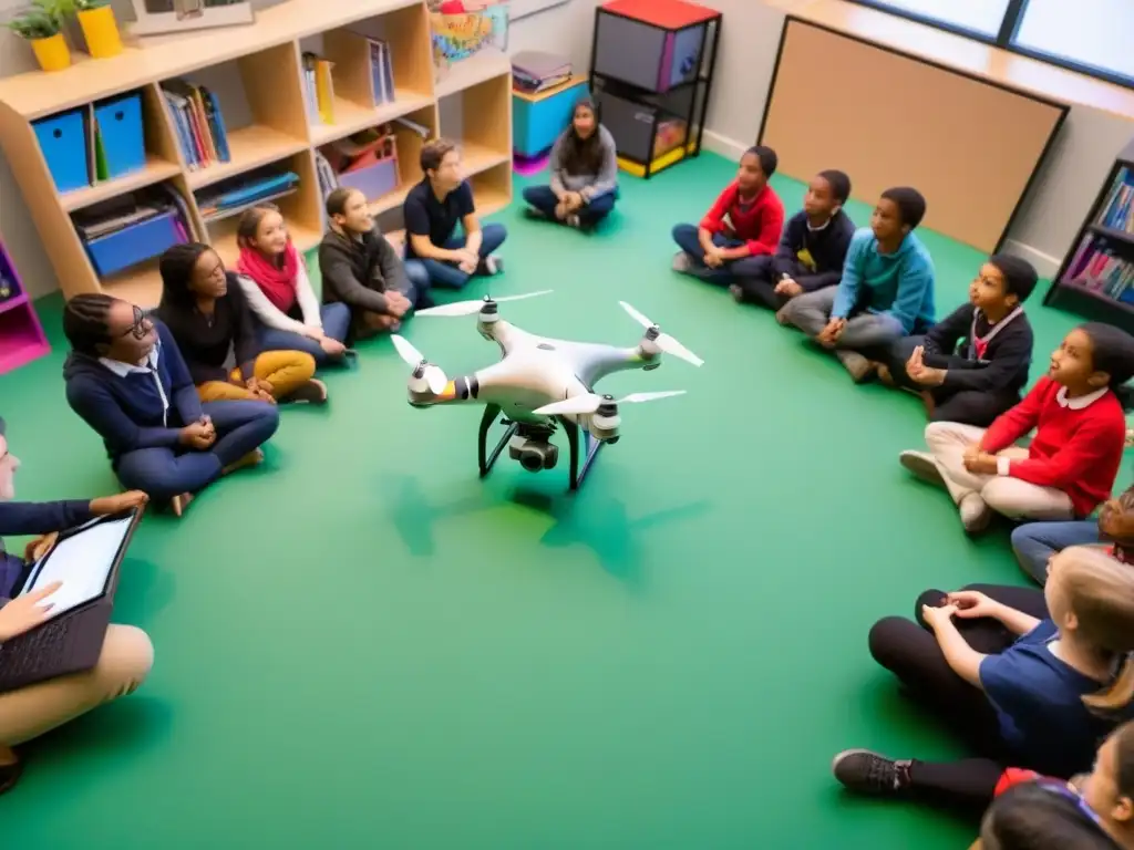 Estudiantes de diversas edades y orígenes aprenden con drones en un aula moderna y equipada