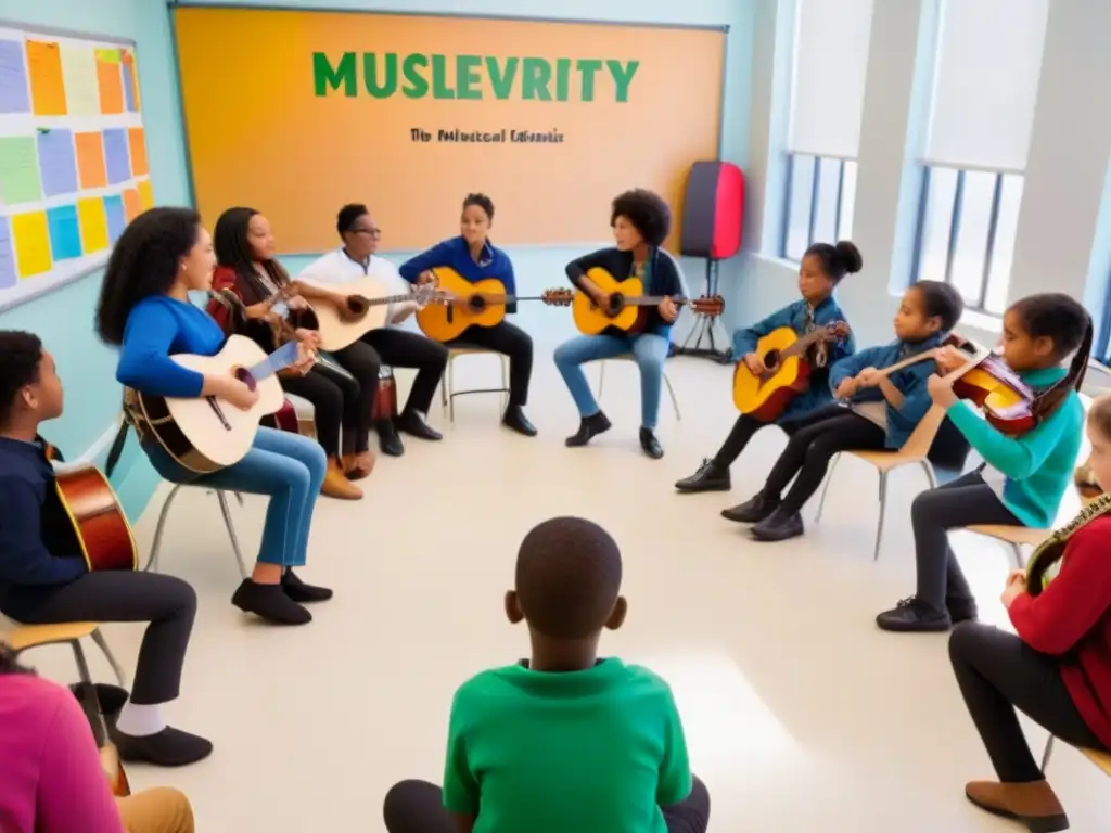 Estudiantes de diversas edades y orígenes tocan instrumentos en aula iluminada, promoviendo inclusión educativa a través de la música