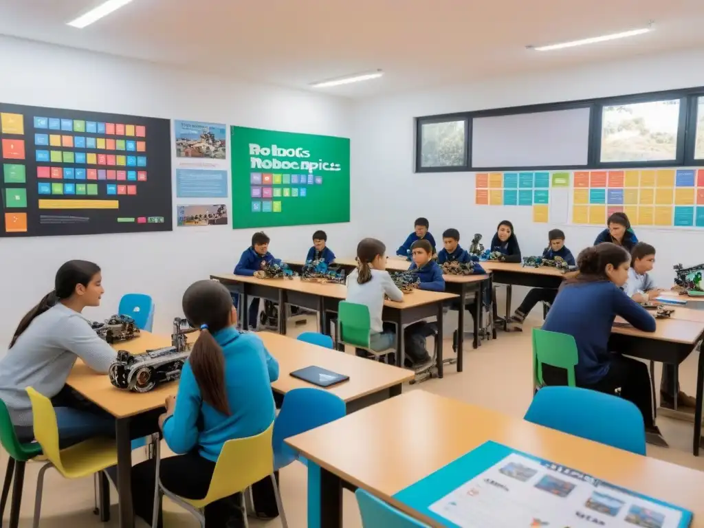 Estudiantes de diferentes edades colaboran en proyectos de robótica educativa en un aula luminosa de Uruguay