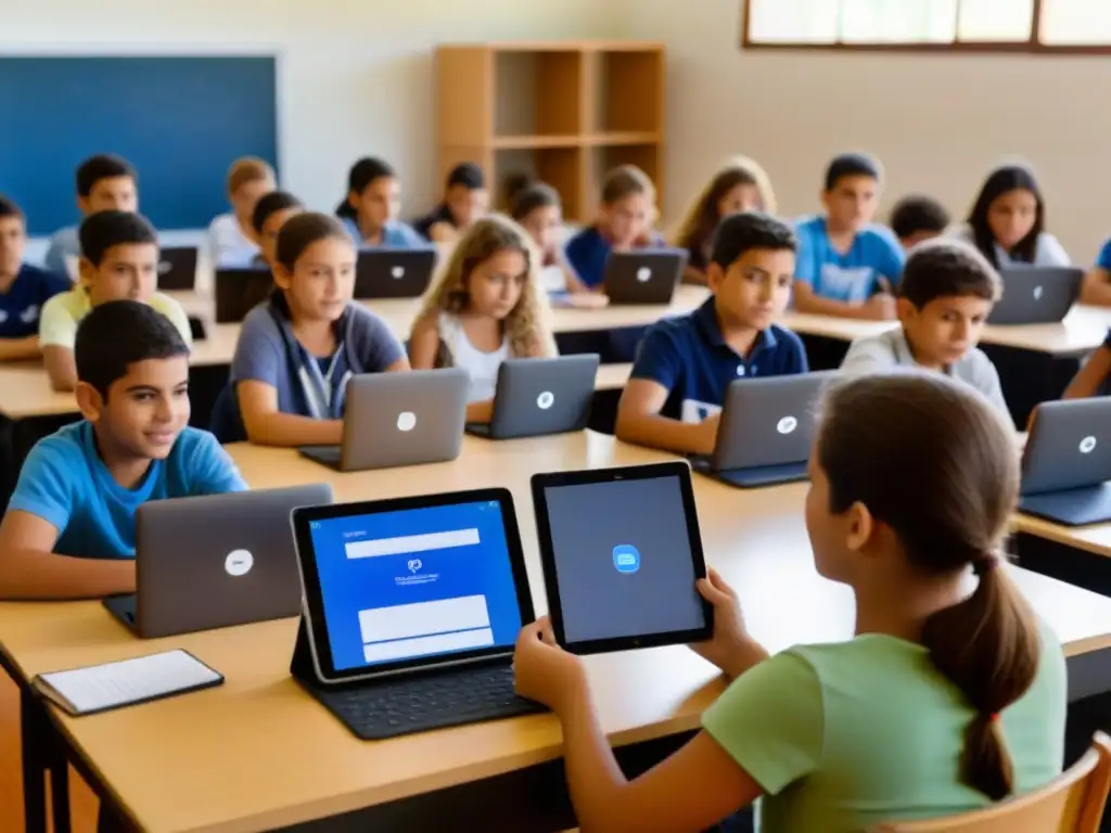 Estudiantes en Uruguay usando Edmodo para aprender en un aula moderna y luminosa