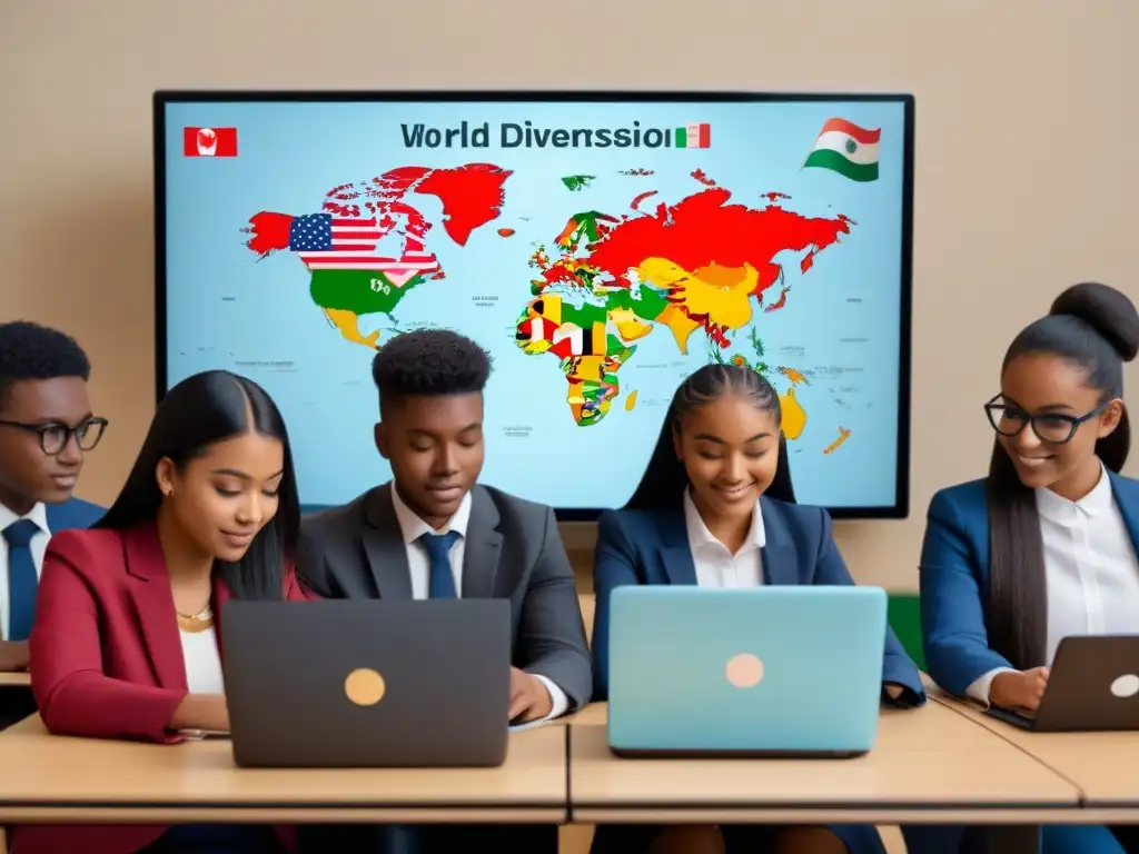 Estudiantes diversos participan en elearning intercultural en aula virtual con elementos educativos y banderas, reflejando la diversidad uruguaya