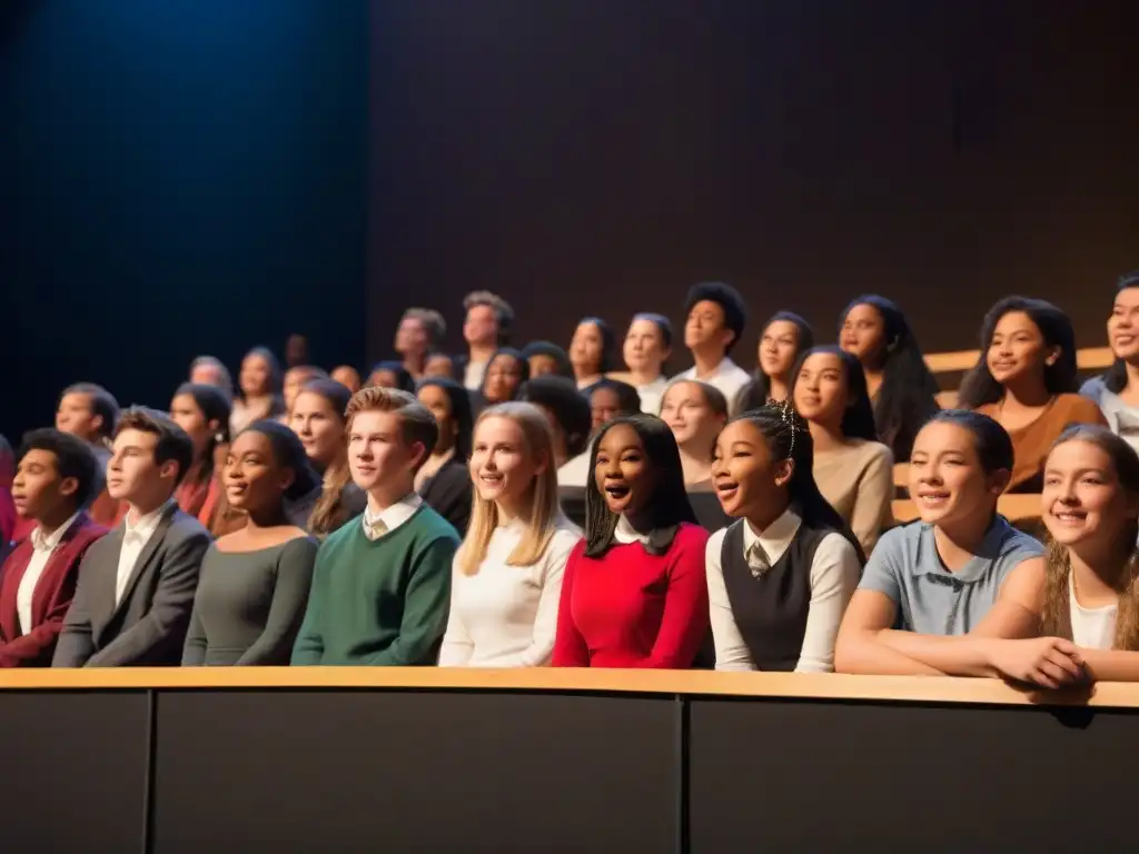 Estudiantes emocionados actúan en un escenario escolar minimalista