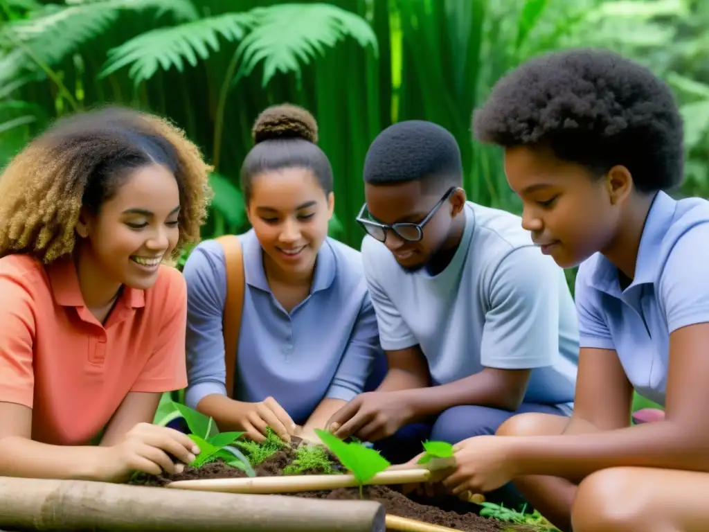 Estudiantes participando en emocionante experimento de ciencias ambientales al aire libre, rodeados de recursos didácticos