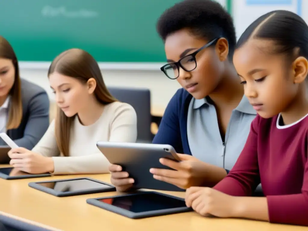 Estudiantes enfocados en tabletas educativas, creando un ambiente innovador y educativo