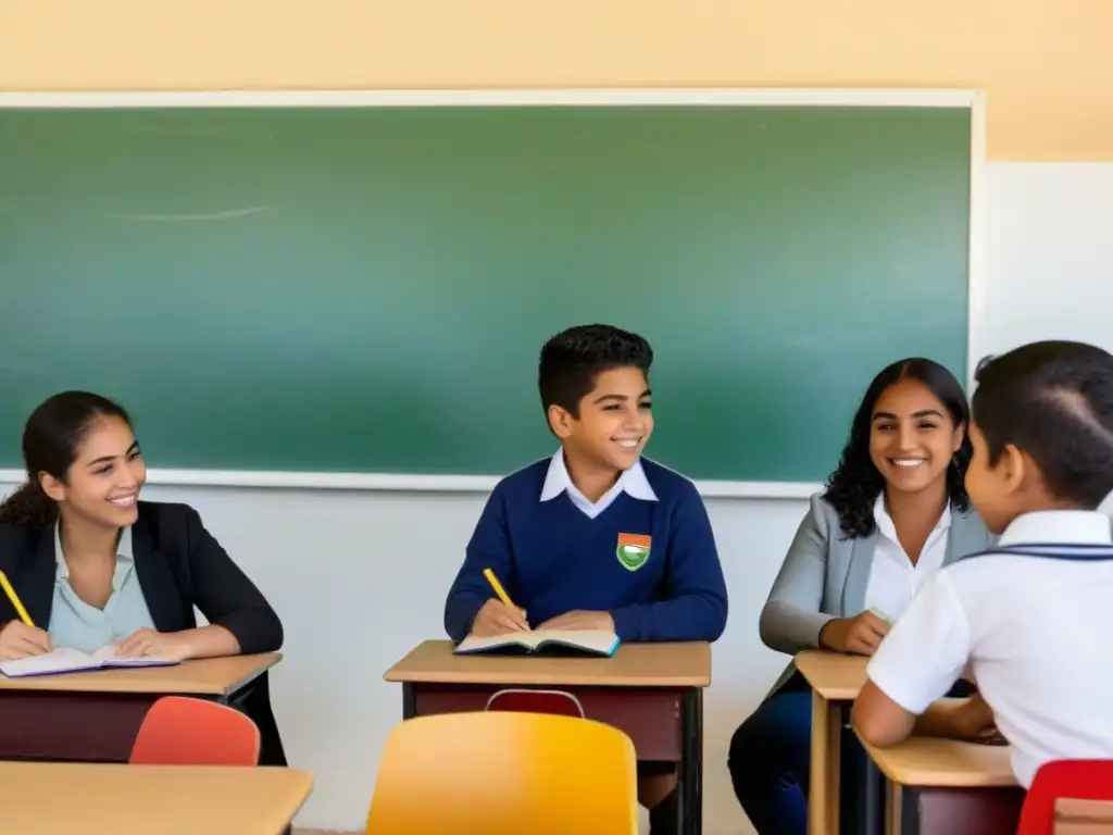 Estudiantes diversos participan con entusiasmo en una lección bilingüe en un aula moderna en Uruguay, reflejando la educación bilingüe en Uruguay
