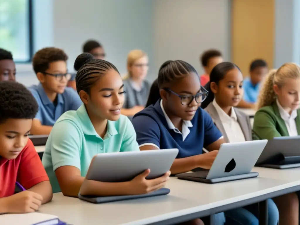 Estudiantes entusiastas usando software educativo a medida en un aula moderna y luminosa