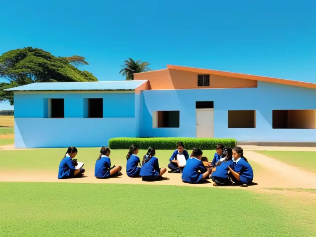 Estudiantes en escuela rural con contenido digital móvil educación rural