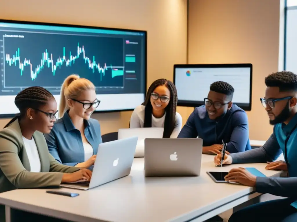 Estudiantes colaborando en estrategias de marketing digital en un aula moderna